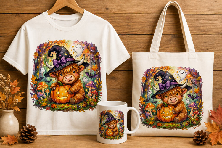 Kawaii Witch Highland Cow Pumpkin Sticker Halloween Art example image 1