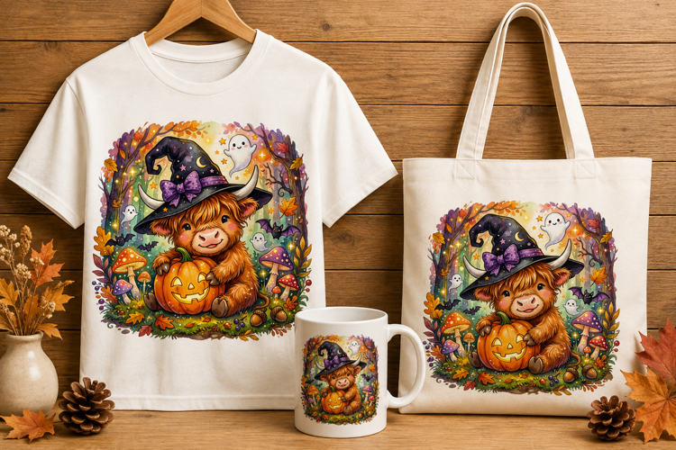 Kawaii Witch Highland Cow Pumpkin Sticker Halloween Art