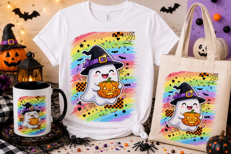 Cute Halloween Ghost PNG | Kawaii Rainbow Pumpkin Design