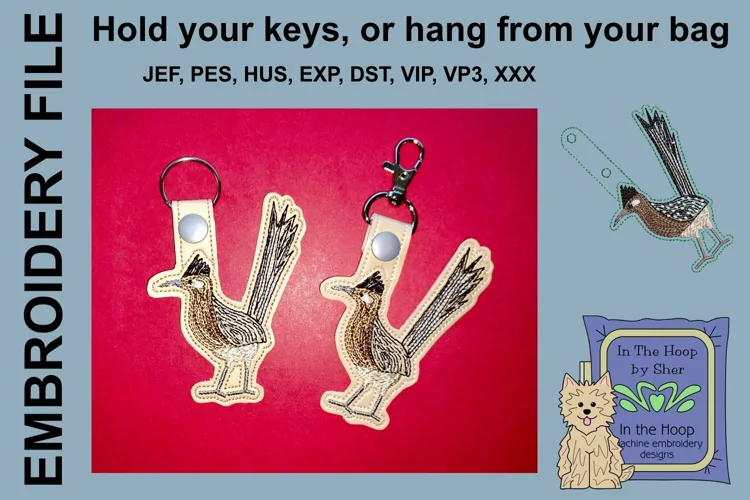 ITH Roadrunner Vinyl Key Fob or Bag Tag - Machine Embroidery