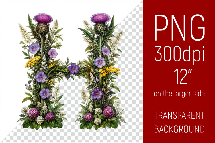 Floral H Monogram PNG | Wildflower Initial Letter Clipart example image 1