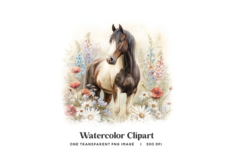 Watercolor Horse Floral Meadow PNG Clipart Equestrian Art