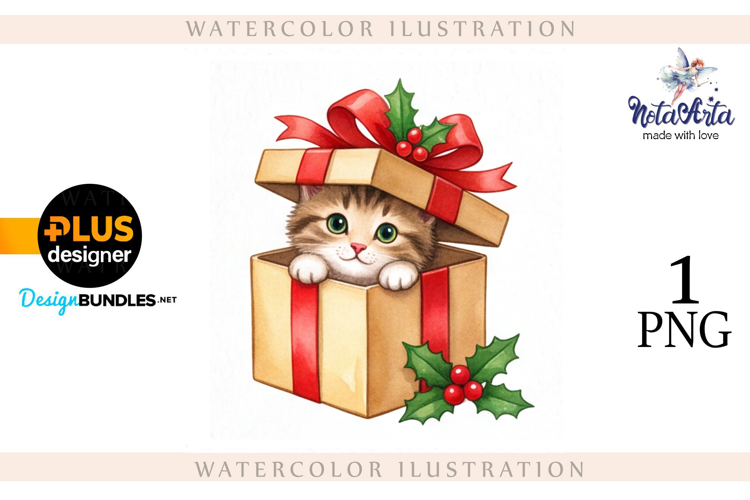 Christmas Kitten in Watercolor Style
