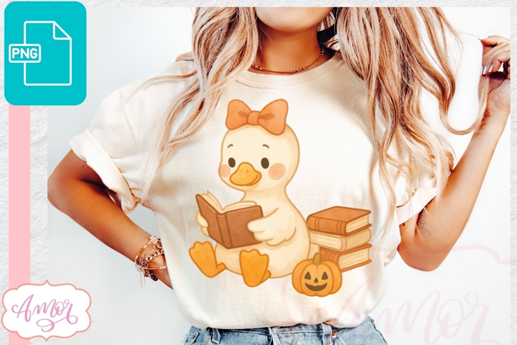 Book lover PNG design, Fall duck reading PNG design