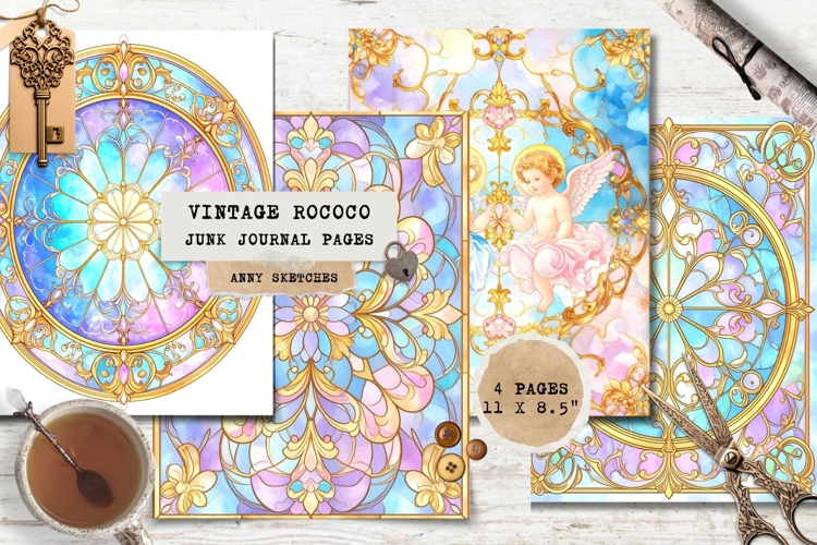 4 Rococo Stained Glass Window Page Cherub & Gold Frame