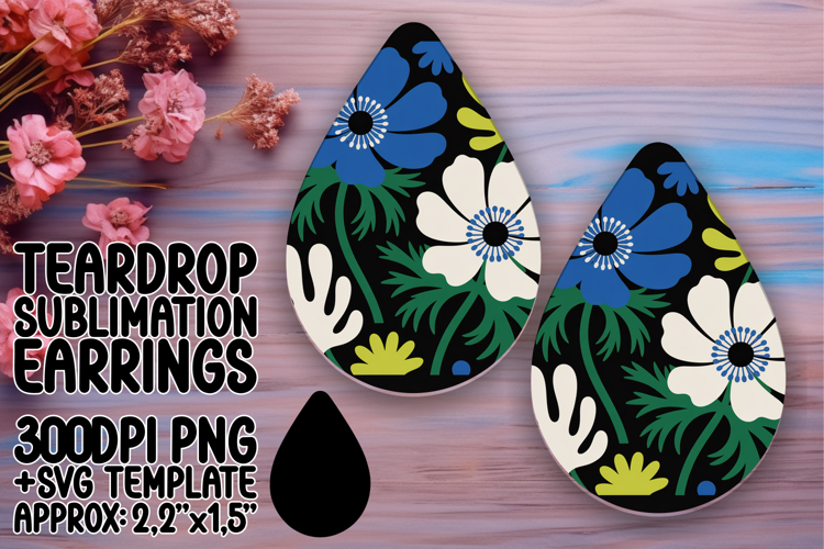 Artful Teardrop Earrings Template PNG , Flowers