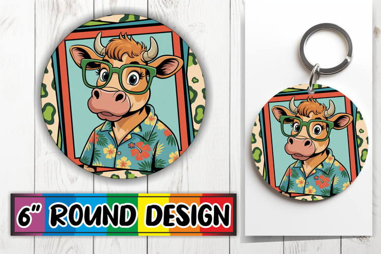 Unique Round Keychain Sublimation PNG, Cute Cow