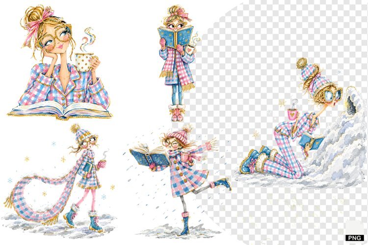 Winter Girl Love Coffee & Reading PNG example image 1
