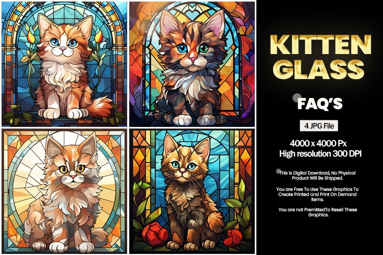 Kitten Stained Glass Square Coaster - 04 Variations