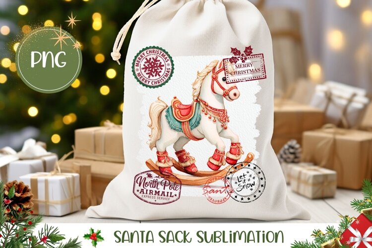 Watercolor Christmas Horse Santa Sack, Kids Gift Bag Design example image 1