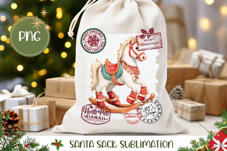 Watercolor Christmas Horse Santa Sack, Kids Gift Bag Design
