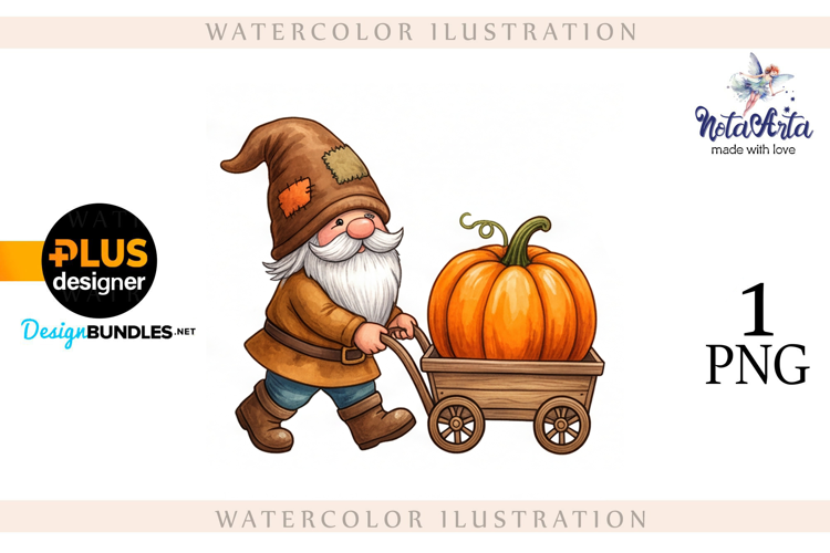 Gnomes with Pumpkin Harvest in Watercolor Style