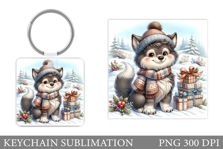 Christmas Wolf Keychain. Christmas Keychain Sublimation example image 1