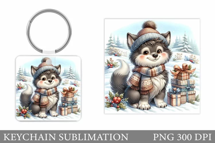 Christmas Wolf Keychain. Christmas Keychain Sublimation