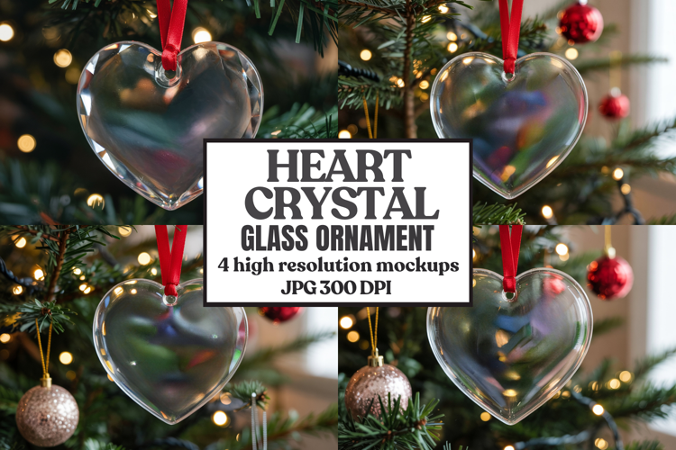 Christmas Heart Crystal Glass Ornament Mockup | Clear Heart