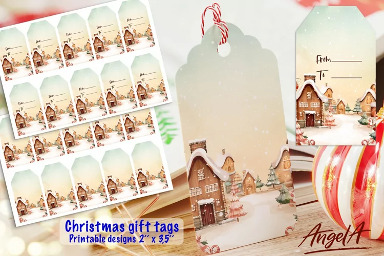 Printable Christmas gift tag, watercolor winter village PNG
