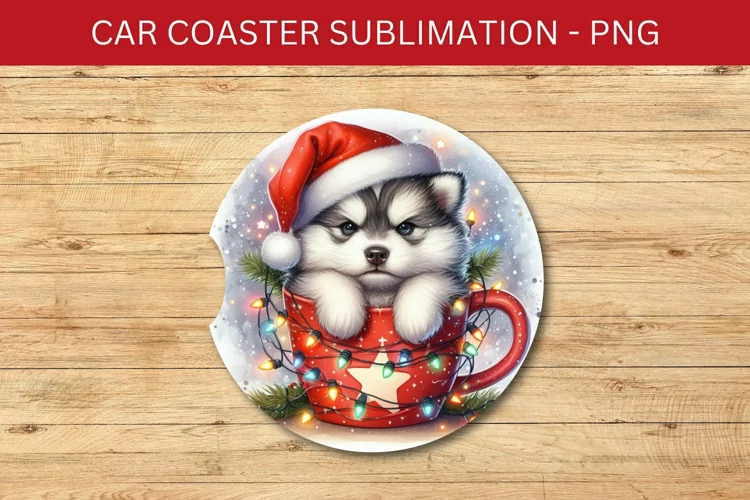 rounded car coaster - siberian husky puppy in the mug