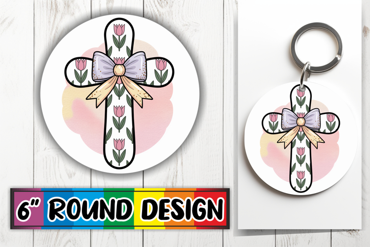 Joyful Car Coaster Round Style PNG, Cross and Bow