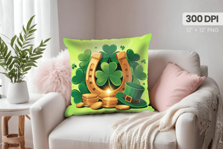 Lucky Horseshoe with Shamrocks and Gold Pillow PNG Sublimati