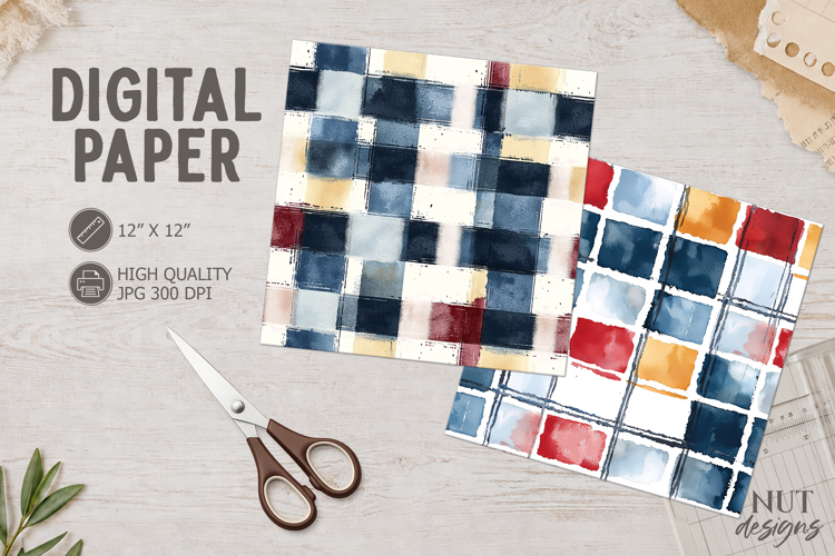 Navy Red Watercolor Plaid digital Paper navy background