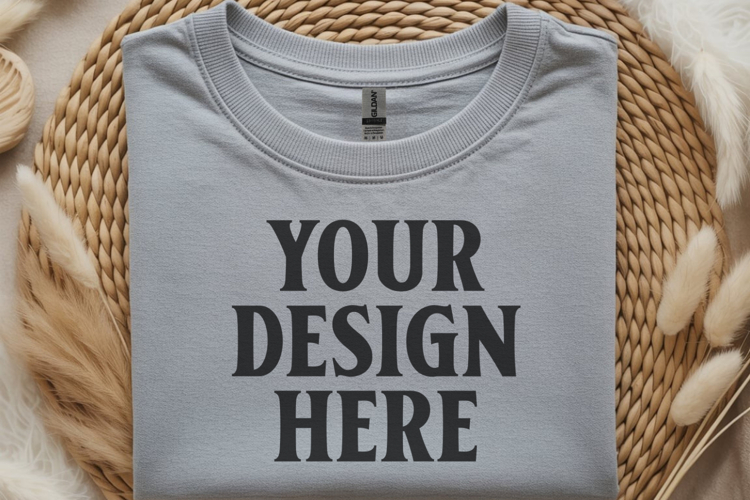 Gildan 64000 Heather Grey Folded T-Shirt Mockup | Flat Lay U