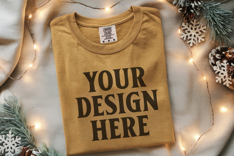 Mustard Comfort Colors 1717 Christmas Folded T-Shirt Mockup