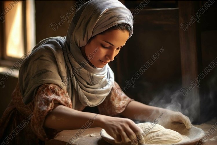 Traditional bread making by woman in warm light