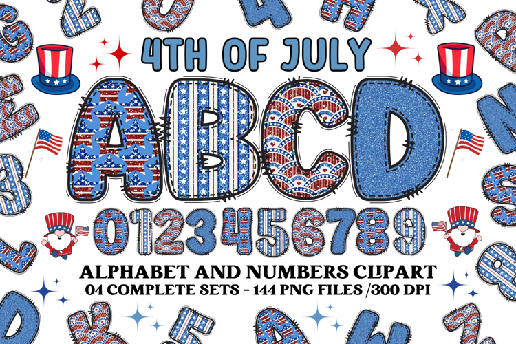 4th July Alphabet png clipart, independence letters doodle