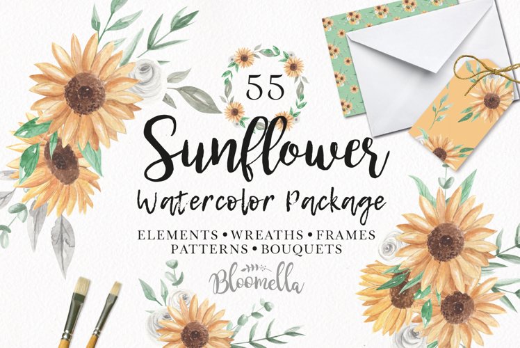 Watercolor Flowers Sunflower Florals Patterns Bouquets Frames Clipart  example image 1