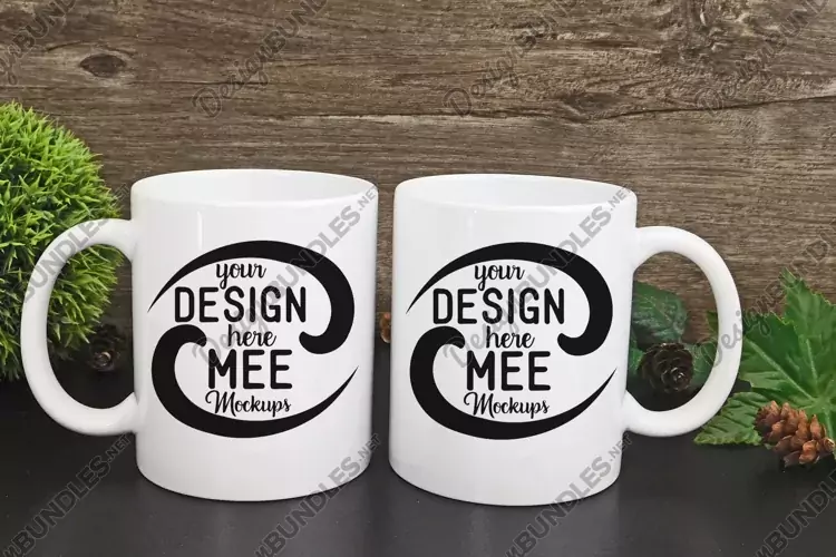 White Coffee Mugs Mockup Farmhouse Style, His and Hers Mugs
