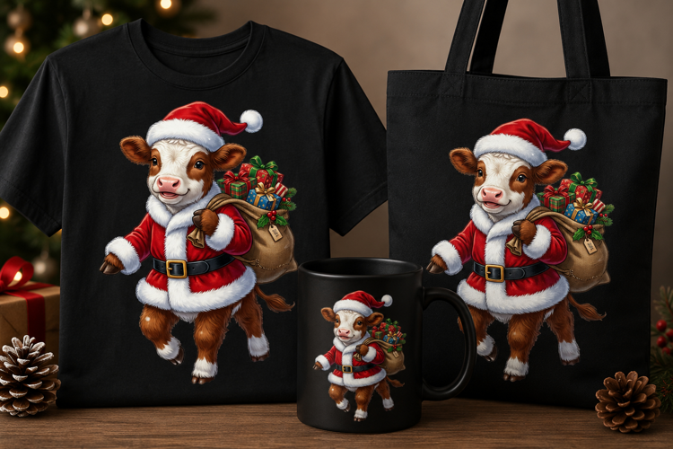 Cute Santa Cow PNG Christmas Holiday Clipart Design Gift