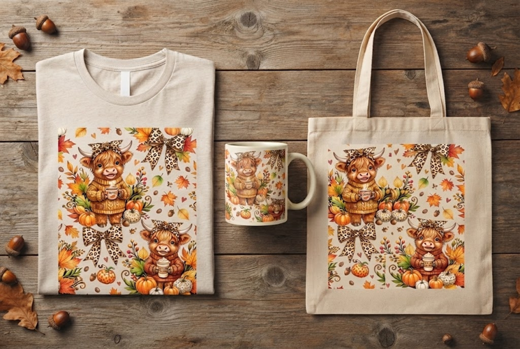 Cozy Highland Cow Autumn Coffee Seamless Pattern Art