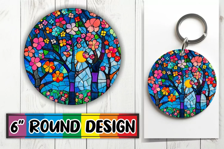 Vibrant Keychain Stained Glass Tree Round Design Sublimation