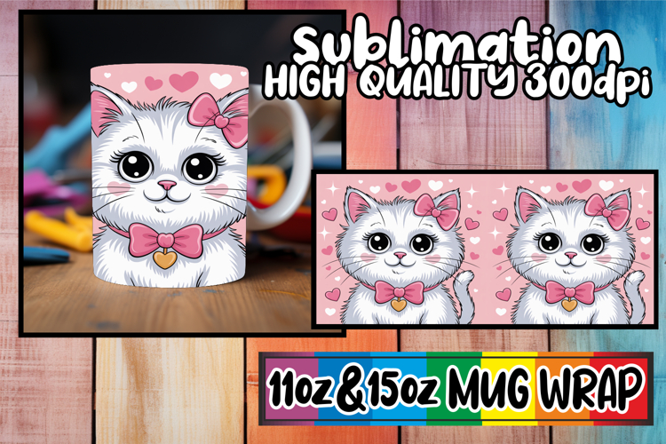 Cheerful skies 11oz 15oz sublimation wrap, Valentines Cat