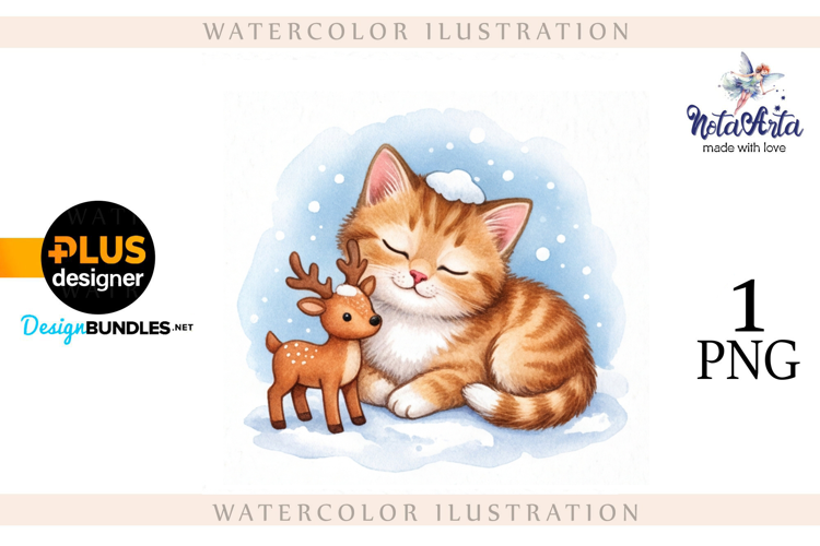 Christmas Kitten in Watercolor Style
