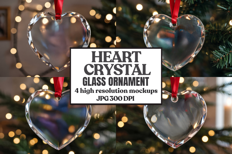 Christmas Heart Crystal Glass Ornament Mockup | Clear Heart