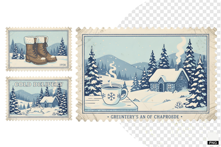 Vintage Winter Postage Stamps Clipart