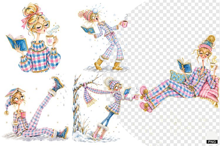 Winter Girl Love Coffee & Reading PNG example image 1