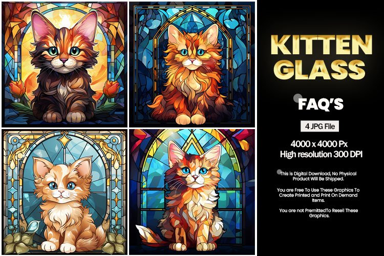 Kitten Stained Glass Square Coaster - 04 Variations