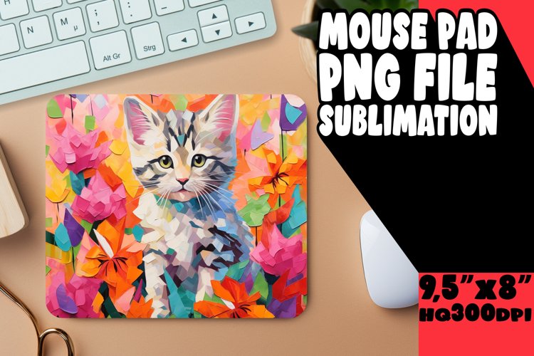 Cute Floral Cat Mouse Pad for Print PNG