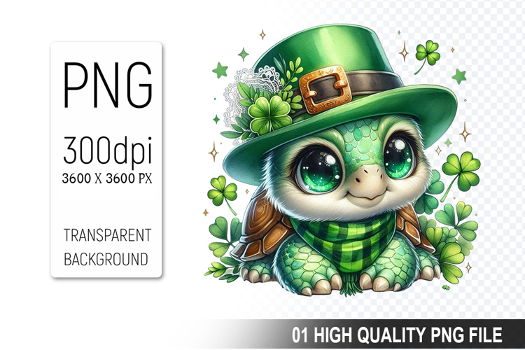 St. Patrick’s Day Turtle with Hat Clipart, Shamrocks PNG