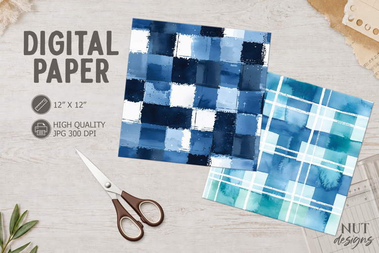 Blue Watercolor Plaid Digital Paper geometric background