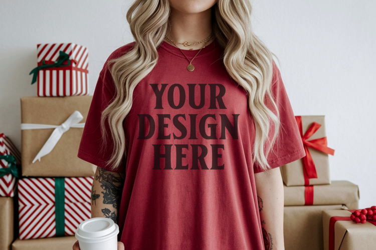 Christmas Comfort Colors 1717 Crimson TShirt Mockup, CC 1717