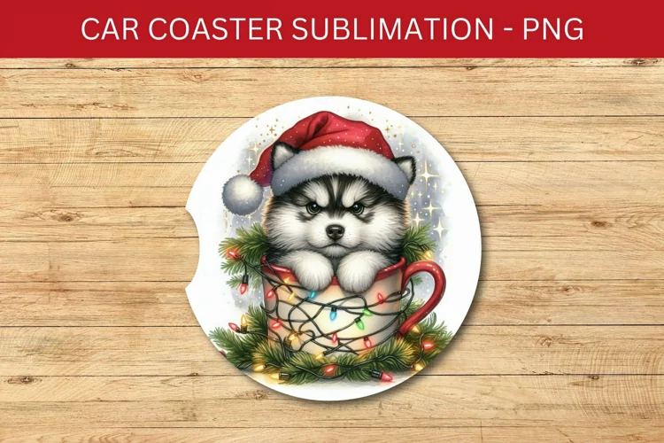 rounded car coaster - siberian husky puppy in the mug