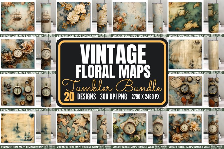 Vintage Floral Maps Tumbler Wrap Bundle,