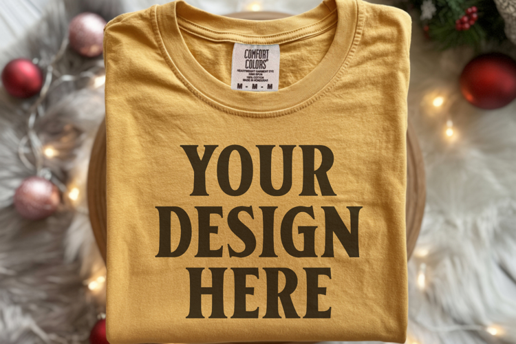 Mustard Comfort Colors 1717 Christmas Folded T-Shirt Mockup