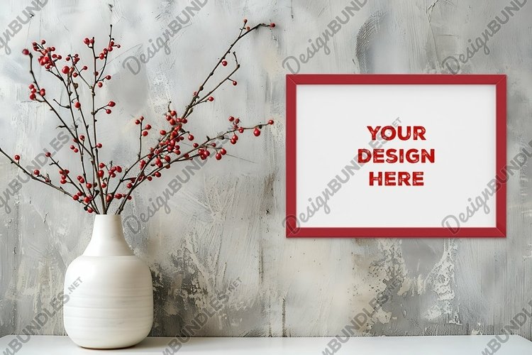 Frame mockup on grunge industrial wall with vase and flowers example image 1