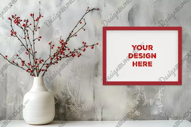 Frame mockup on grunge industrial wall with vase and flowers