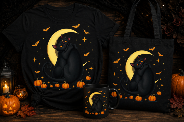Halloween Black Cat PNG | Cute Cat Couple Moon Pumpkin