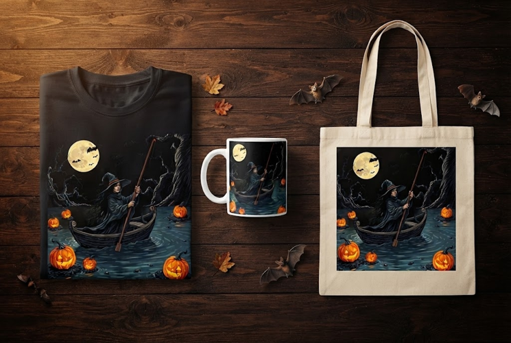 Witch Rowing Boat Halloween Design with Pumpkins and Moon